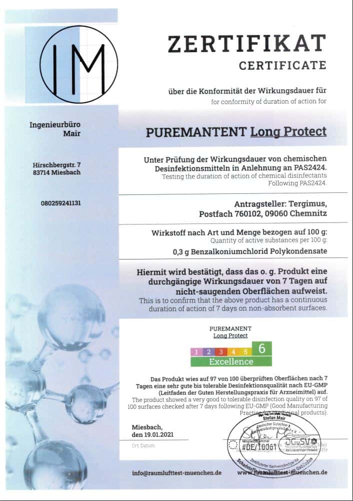 Puremanent-Langzeitdesinfektion-Zertifikat